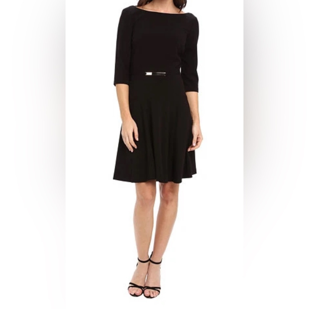 Tahari ASL Giovanni Black Matte Jersey Fit Flare Dress Size 10